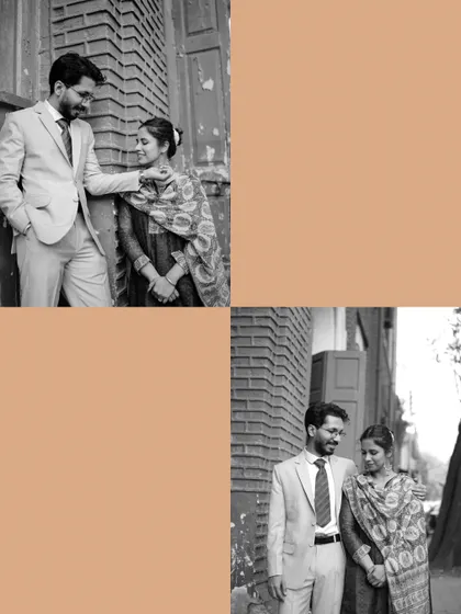This black and white collage highlights the classic, timeless feel of Aditya and Rattan's shoot. By removing color, the focus shifts entirely to their expressions and interactions, creating an elegant and emotional set of images.