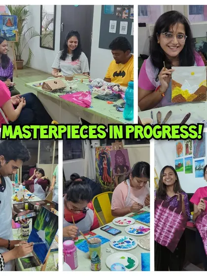 A collage of our workshop in action, with participants painting, tie-dying, and creating, all with big smiles.