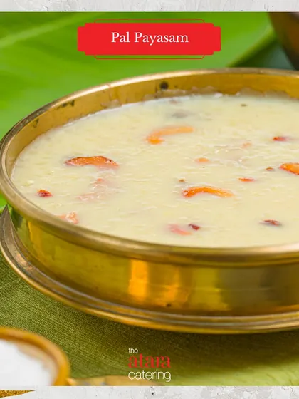 A traditional bowl of Pal Payasam. This creamy South Indian rice pudding is a comforting and authentic dessert option for those who love classic Indian sweets.