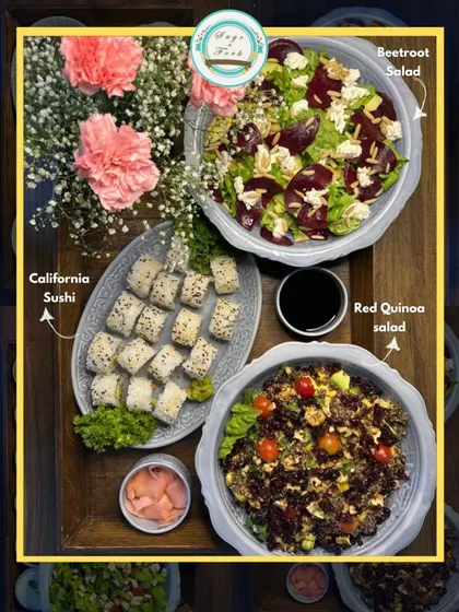 A healthy and delicious platter featuring our Beetroot Salad, Red Quinoa Salad, and California Sushi. A perfect combination of fresh and nutritious bites.