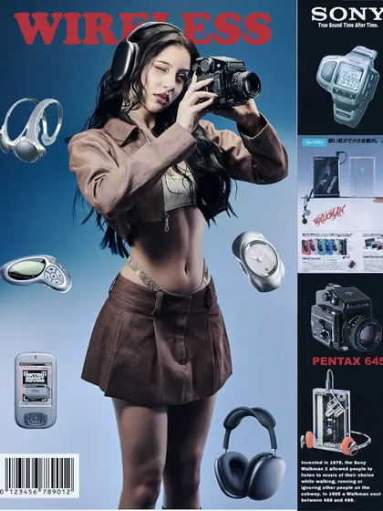 A Y2K-inspired magazine cover concept, complete with retro-futuristic gadgets and typography.