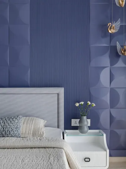 A close-up of the lavender bedroom's 3D MDF paneling, showcasing the intricate geometric patterns and the rich PU paint finish.
