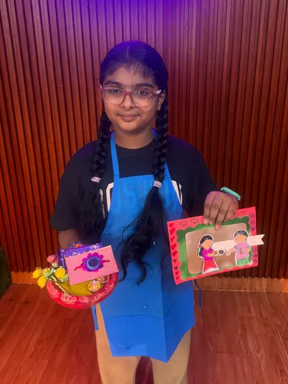 This student created a beautiful set for Rakshabandhan, including a pop-up card and a decorated thali. We provide all the materials so kids can let their creativity flow.