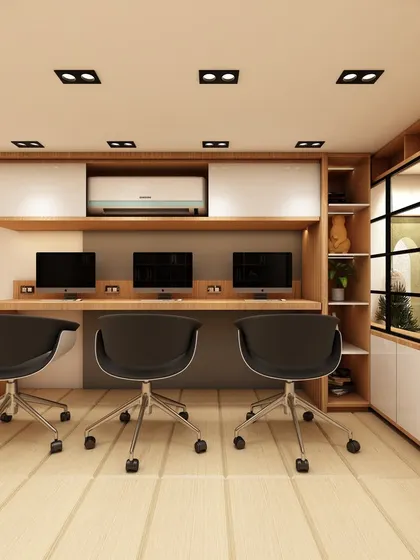 A clean and efficient three-person workstation built into a custom wooden unit. This design maximizes space with integrated overhead storage and shelving, perfect for smaller teams or departments.