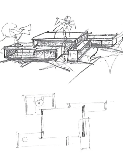 Developmental sketches for an event center, starting with simple block plans and perspectives.