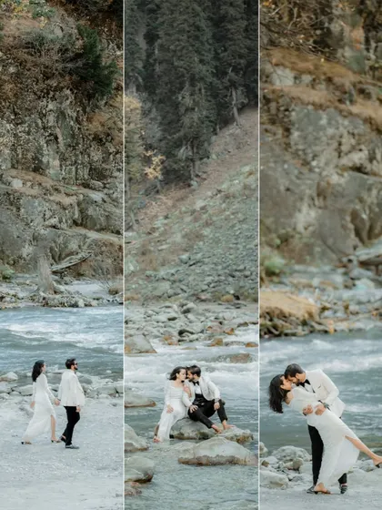 A triptych of images telling a story of romance by the river. From a gentle walk to a passionate kiss, this collage captures the progression of an intimate moment.