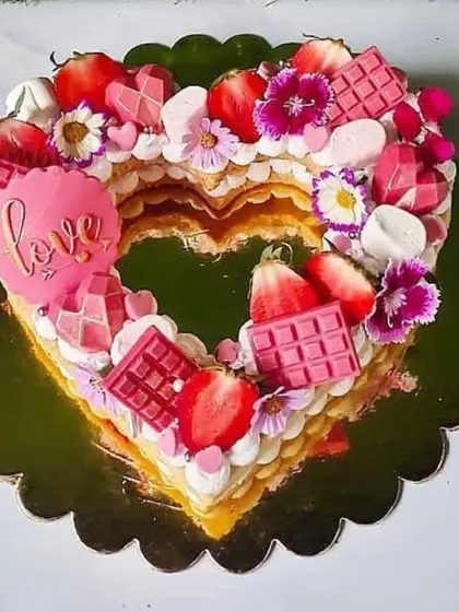 A heart-shaped monogram tart I made for Valentine's Day. It's loaded with fresh strawberries, pink chocolates, marshmallows, and edible flowers.