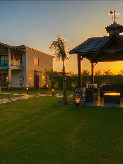 The same Noida farmhouse concept at sunset, with a beautiful gazebo providing a perfect spot to watch the day end.