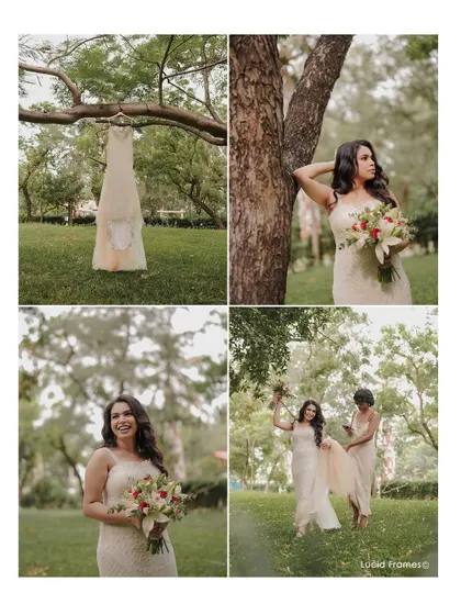 A collage of bridal moments, from the dress hanging in a tree to getting help from her bridesmaid.