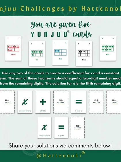 This Yonjuu Challenge is designed for older learners, using the cards to solve a multi-step algebra problem. It shows how a simple deck of cards can be adapted to engage students from elementary school all the way through high school.