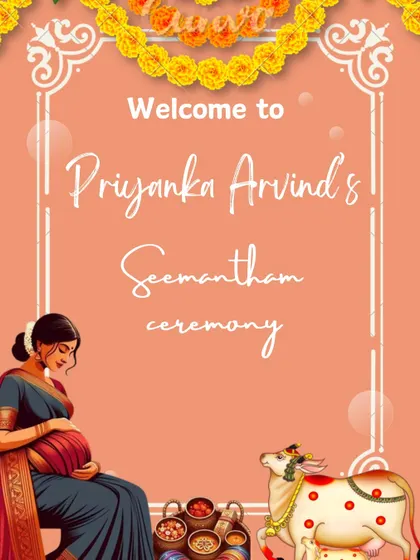 A traditional welcome board for a Seemantham ceremony, featuring an illustration of a mother-to-be and a sacred cow. The design is framed with auspicious motifs.
