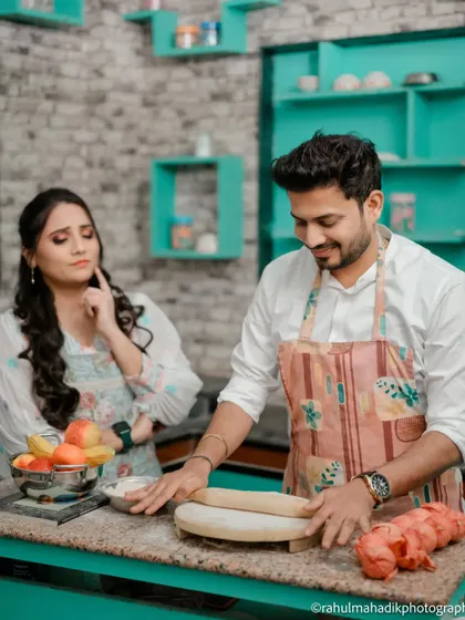 Who says a pre-wedding shoot can't be playful? This kitchen setup was a fun way to capture the couple's dynamic in a relaxed, everyday setting. It’s these unique, story-driven concepts that make your gallery truly yours.