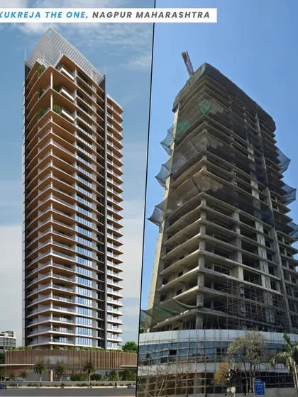 A side-by-side comparison of the architectural render and the on-site construction of Kukreja The One. It highlights the journey from a detailed digital model to a tangible, rising structure.