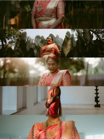 A cinematic collage of a bride in her red saree, showing details of her attire and portraits in a beautiful outdoor setting.