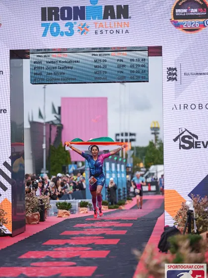 Crossing the finish line at Ironman Tallinn with my time and age category rank displayed on the screen. A personal best and a World Championship qualification spot earned. The data doesn't lie.