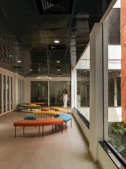 The waiting lounge at Campus Biovet, filled with natural light from the adjacent courtyard. The design is simple with oak flooring and playful, colourful furniture, creating a dynamic and welcoming atmosphere.