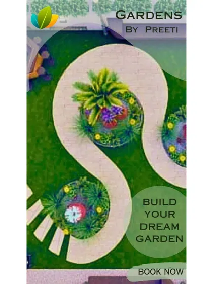An advertisement showing a top-down view of a garden layout, inviting clients to book a consultation to build their dream garden.