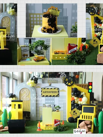 A duplicate of image 71, a collage showing the full scope of the construction-themed party.