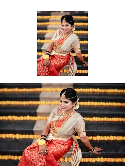 A collage of the bride sitting on steps decorated with marigolds, looking regal in her wedding attire.