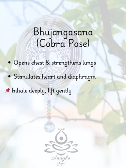 Bhujangasana (Cobra Pose) is a gentle backbend that opens the chest, strengthens the lungs, and stimulates the heart and diaphragm.