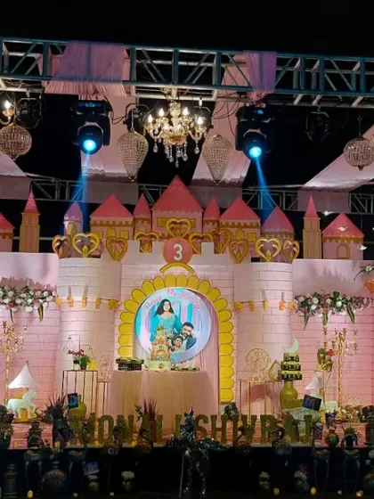 A fairytale come true with this grand princess castle stage we designed for a third birthday party. This large-scale themed decoration includes custom lighting, intricate castle details, and a full stage setup, showing our ability to handle big, imaginative projects.