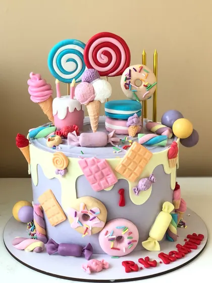 A single-tier version of the Candyland cake, packed with just as much color and fun.