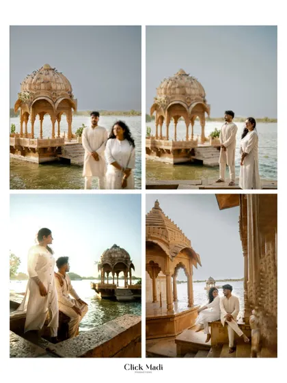 A series of portraits from a Rajasthan pre-wedding shoot, using the beautiful lakeside pavilions as a recurring backdrop to create a cohesive visual story.