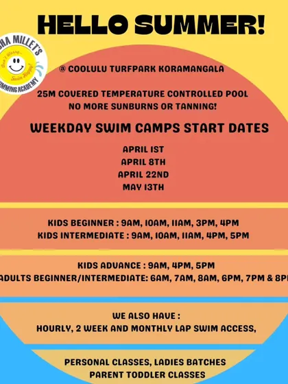 Here is our summer camp schedule for the Koramangala covered pool. This poster gives you an idea of the variety of options we offer, including hourly, weekly, and monthly lap swim access for adults.