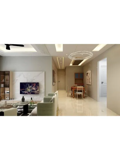 An expansive living and dining area with high-gloss marble flooring. The open layout is perfect for modern family living, providing distinct zones for relaxation and dining.