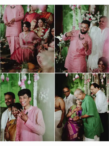 A collage of fun and candid moments of the guests and family enjoying the wedding celebration.