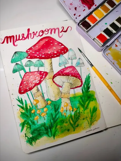 My entry for an art challenge with the prompt "Mushrooms." A whimsical watercolor doodle of different kinds of mushrooms.