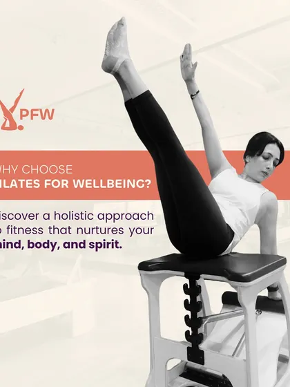 Why choose Pilates for Wellbeing? We offer a holistic approach to fitness that nurtures your mind, body, and spirit. This client on the Wunda Chair demonstrates the strength and control developed in our studio.