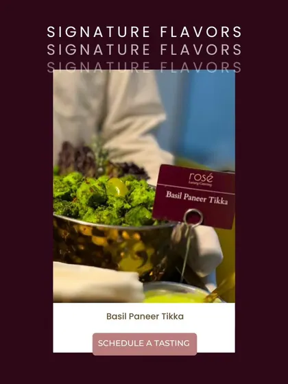 Our Basil Paneer Tikka offers a fresh and aromatic twist on a classic appetizer. This is another of our signature flavors available for clients to try during a private tasting session.