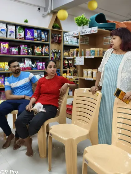 Potential adopters in conversation with a rescuer. We facilitate these discussions to ensure every adoption is a well informed and suitable match for both the family and the pet.