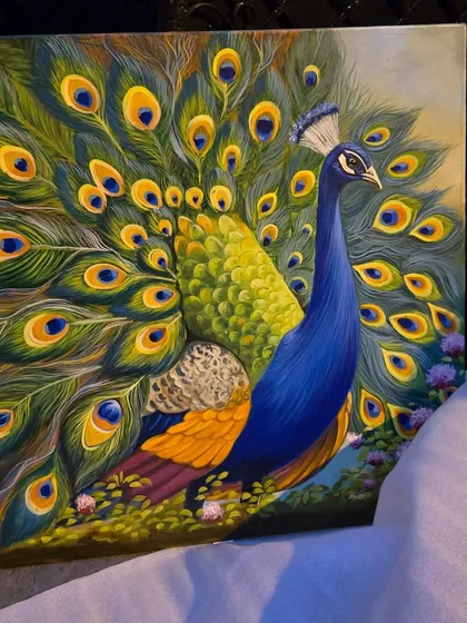 A majestic peacock painting, custom-created according to Vaastu Shastra. The peacock symbolizes prosperity and positive transformation, making it an ideal artwork for bringing vibrant, harmonious energy into your home or office.