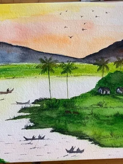 The finished watercolor landscape from our 2-day workshop. This piece by a student showcases what can be learned and created in our short, intensive sessions.