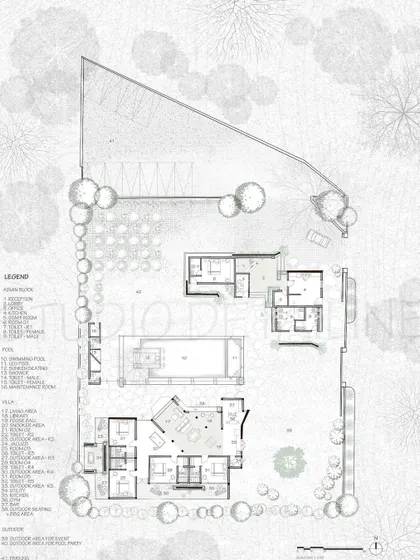 The master plan for the "Afloating in The Nature" project, illustrating the layout and relationship between the villa, pool, admin block, and surrounding landscape.