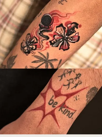 Abstract and full of energy. These two tattoos for a pair of friends use bold red and black ink to create playful, chaotic, and meaningful designs that reflect their personalities.