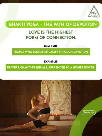 Exploring the different paths of yoga. This graphic introduces Bhakti Yoga, the path of devotion, which uses practices like prayer and chanting to seek spirituality.