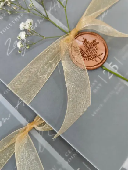 Another view of the Pinterest-inspired vellum invitation, focusing on the delicate interplay of the translucent paper, gold ribbon, and wax seal.