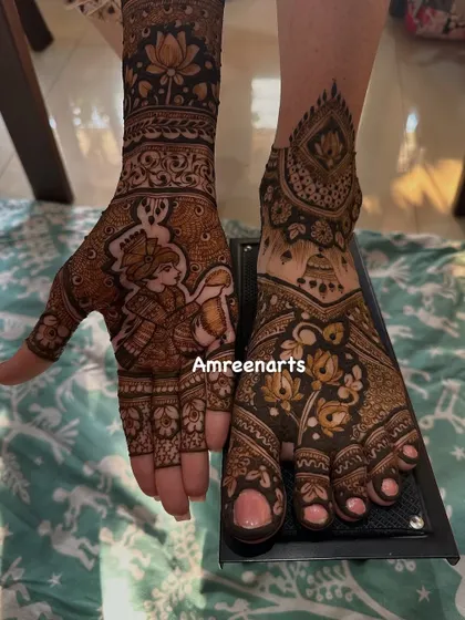 A side-by-side view of a hand and foot, both adorned with portraits and floral patterns, creating a unified artistic theme.