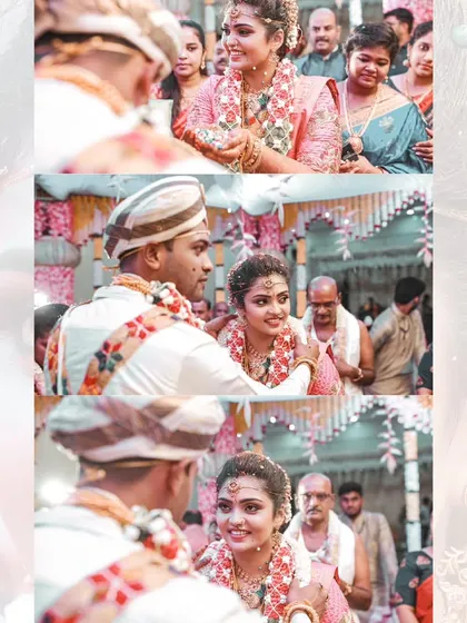 A triptych of the bride's expressions during the wedding ceremony, capturing her joy, anticipation, and love.
