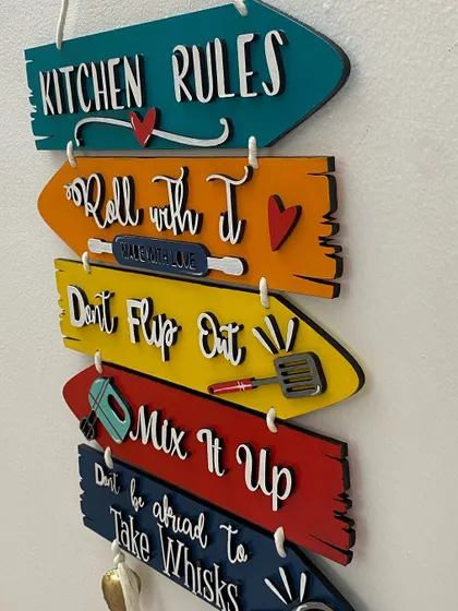 A detailed shot of the "Kitchen Rules" sign, showing the 3D lettering and hand-painted kitchen tool miniatures like the spatula and whisk.