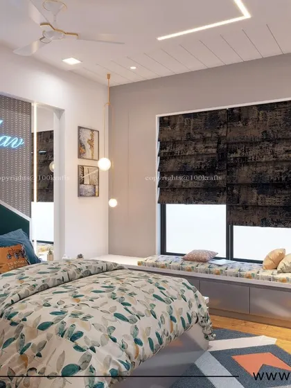 A personalized kids' room for 'Madhav' at Konark Oasis. The room includes a custom neon sign, a cozy window seat, and a unique honeycomb-patterned bookshelf.