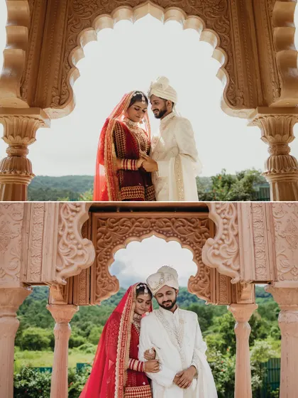 Framed by a beautiful stone archway, the couple shares a tender moment. This collage shows two variations of the embrace, both equally romantic and beautifully composed.