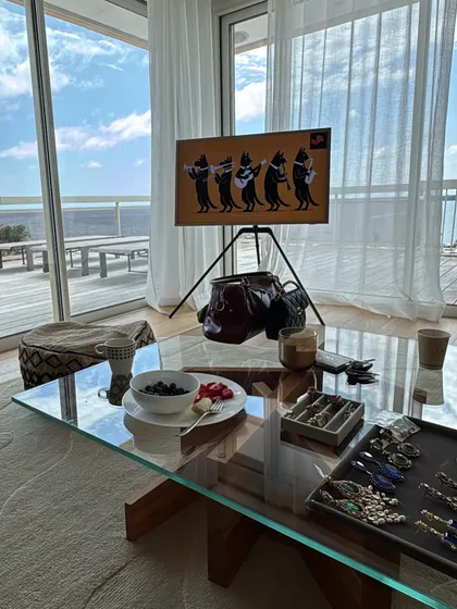 Core memories from Cannes red carpet day. This was my view while getting everything ready: a tray of jewelry, a healthy breakfast, and the beautiful sea outside.
