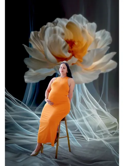 A fine art composite image, blending a studio portrait with a surreal, painterly background. This is an example of the highly artistic and conceptual work we can create.