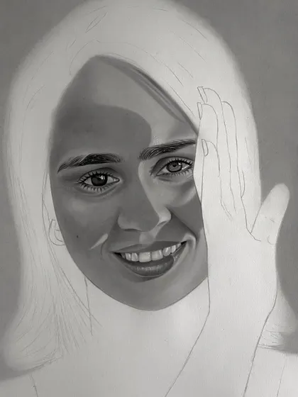 My self portrait in progress. This stage shows the face mostly complete, with the hair and hand still as outlines, giving a peek into my working method.