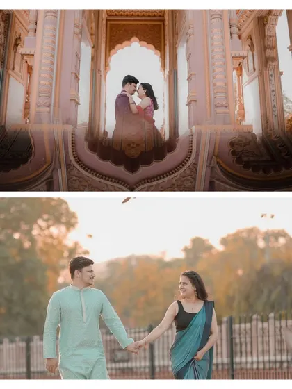 A composite image showing two distinct styles: a beautifully framed shot within a palace archway and a candid walking shot in a park during the golden hour.