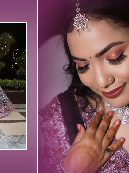 An album page from an engagement or sangeet, contrasting a full-length shot with a detailed beauty shot.